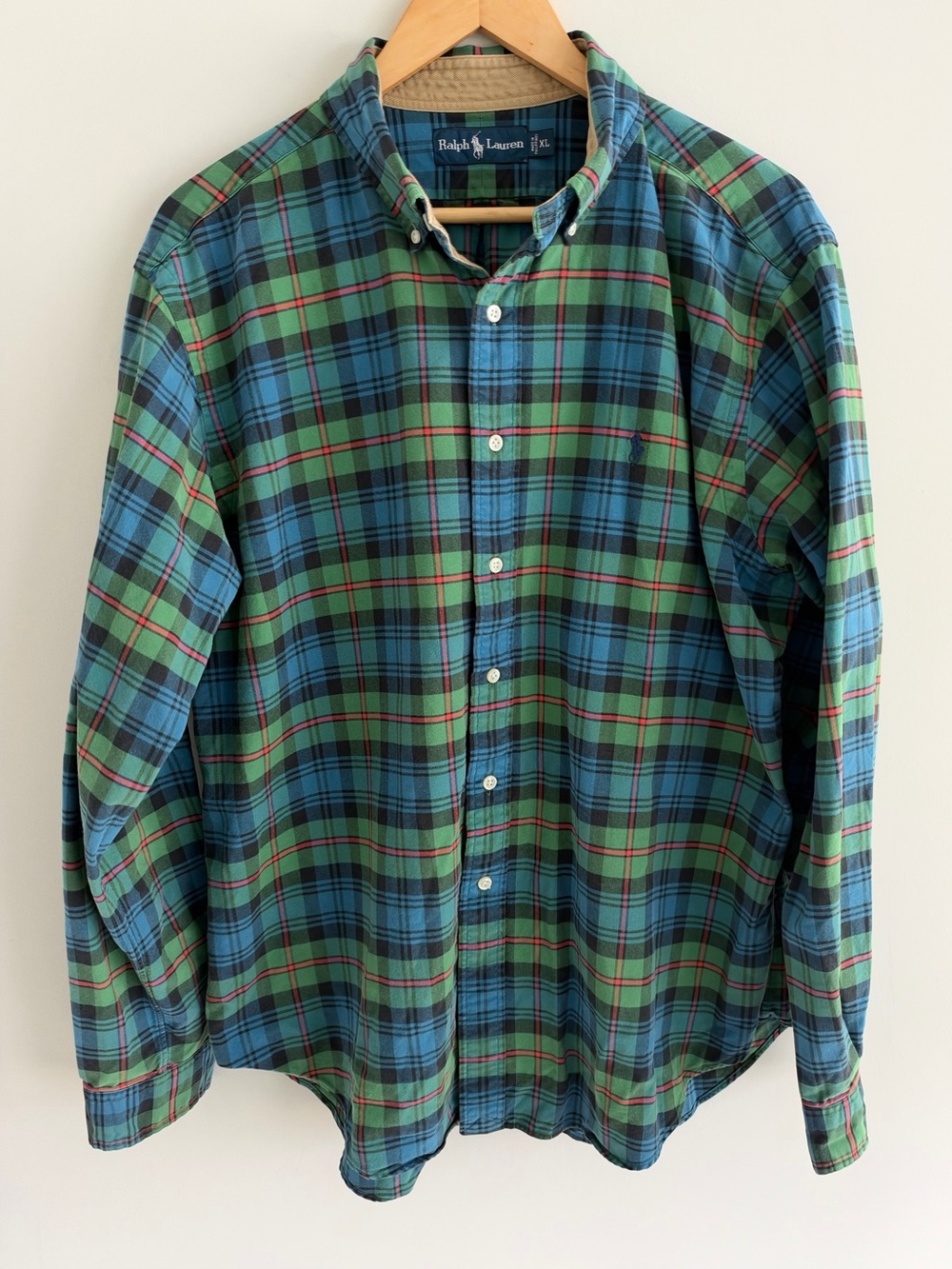 Polo Ralph Lauren Flannel Shirt Mens XL Green Blue Plaid Button Down Pony